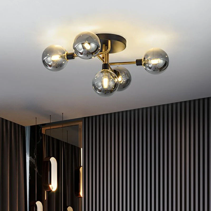 Bolvormige slaapkamerplafondlamp van glas, 5-lichts eigentijds semi-inbouwlamp zwart-messing Clearhalo