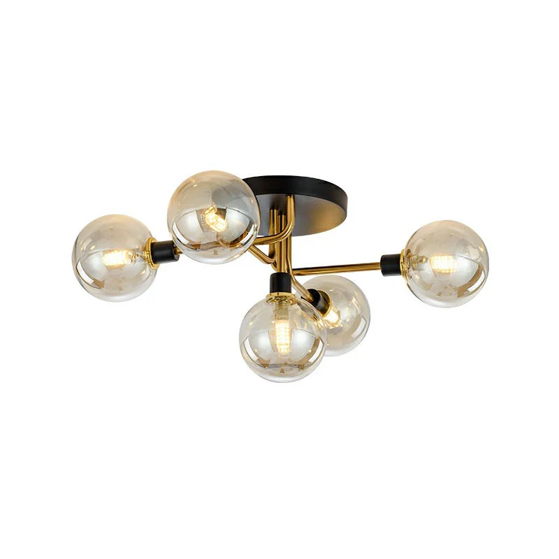 Bolvormige slaapkamerplafondlamp van glas, 5-lichts eigentijds semi-inbouwlamp zwart-messing Clearhalo