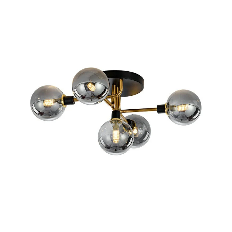 Bolvormige slaapkamerplafondlamp van glas, 5-lichts eigentijds semi-inbouwlamp zwart-messing Clearhalo