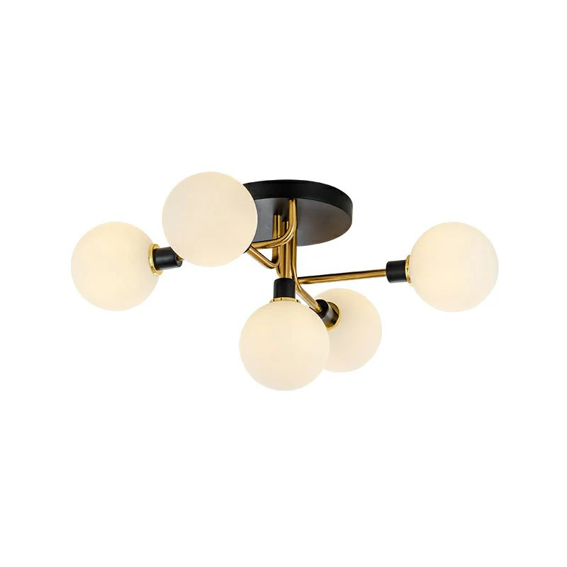 Bolvormige slaapkamerplafondlamp van glas, 5-lichts eigentijds semi-inbouwlamp zwart-messing Clearhalo