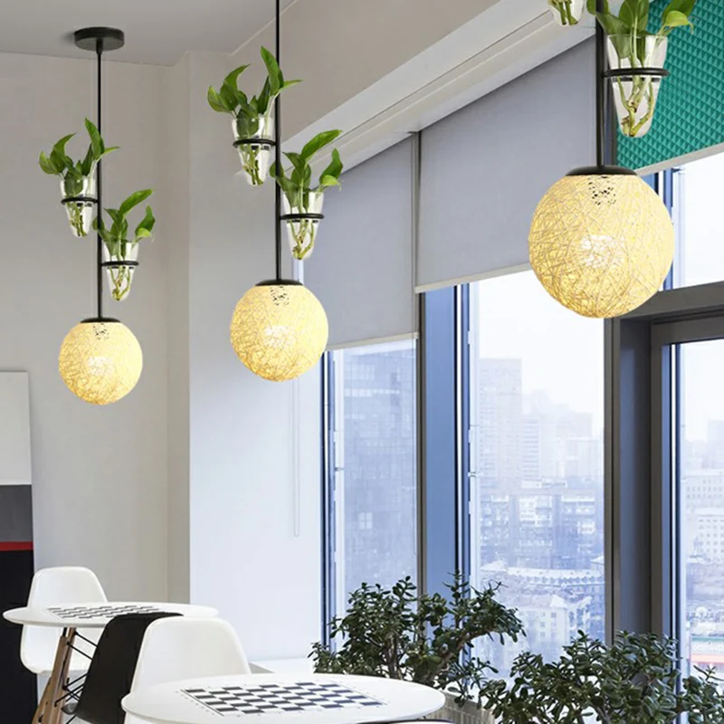 Bolvormige slingerlamp, decoratieve rotan hanglamp met kegelvormige plantenbak Clearhalo