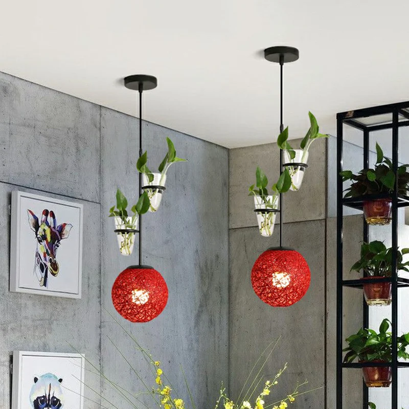 Bolvormige slingerlamp, decoratieve rotan hanglamp met kegelvormige plantenbak Clearhalo