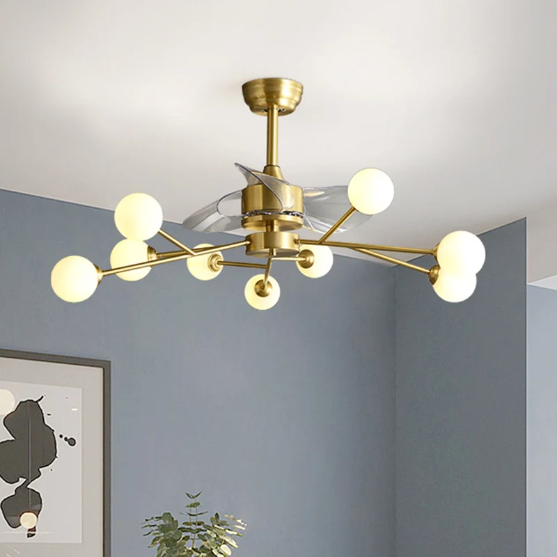 Boomtak 3-bladige hangende ventilator Verlichting Minimalistische bolglas Eetkamer Remote Semi Flush Light messing, 36,5"...