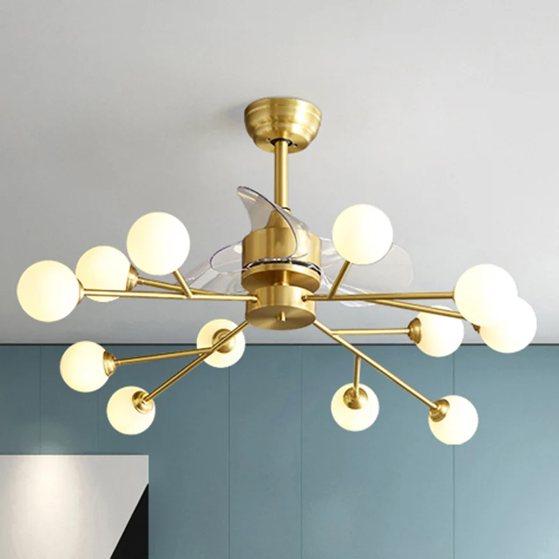 Boomtak 3-bladige hangende ventilator Verlichting Minimalistische bolglas Eetkamer Remote Semi Flush Light messing, 36,5"...