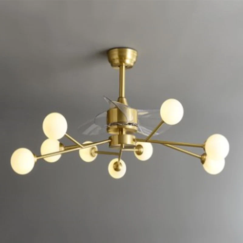 Boomtak 3-bladige hangende ventilator Verlichting Minimalistische bolglas Eetkamer Remote Semi Flush Light messing, 36,5"...