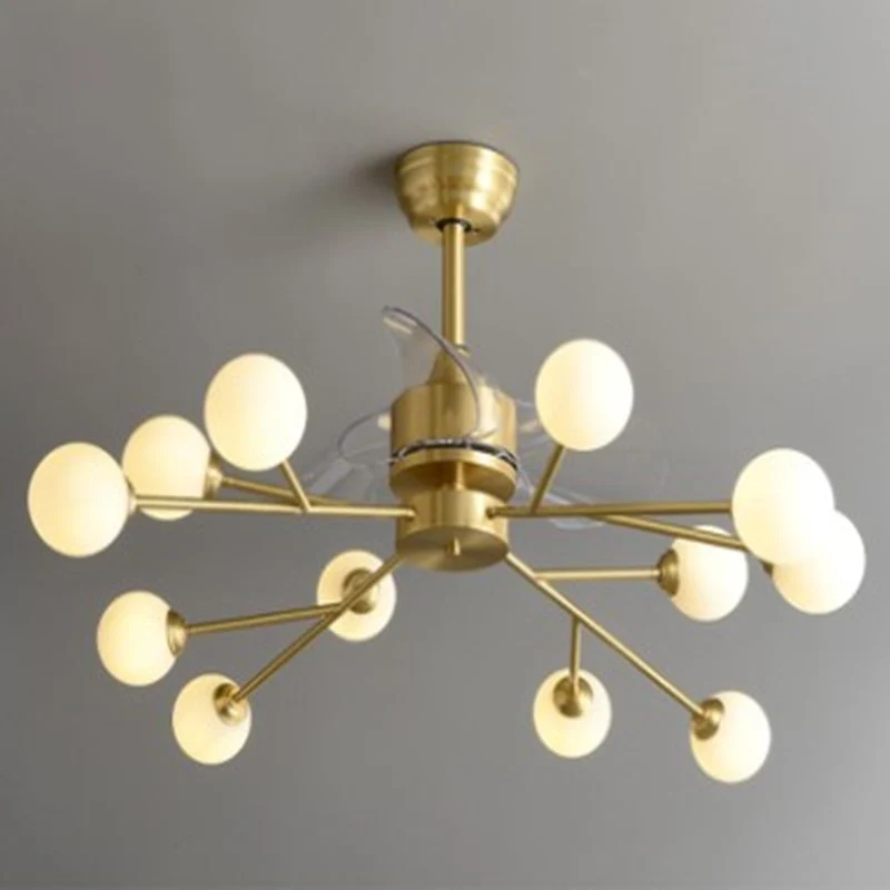 Boomtak 3-bladige hangende ventilator Verlichting Minimalistische bolglas Eetkamer Remote Semi Flush Light messing, 36,5"...