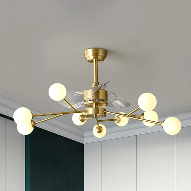 Boomtak 3-bladige hangende ventilator Verlichting Minimalistische bolglas Eetkamer Remote Semi Flush Light messing, 36,5"...