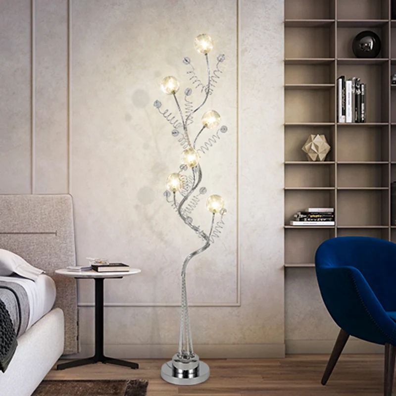 Boomvormige aluminium staande verlichting Decoratieve woonkamer LED-vloerleeslamp met boldetail roze/zilver, warm/wit lich...