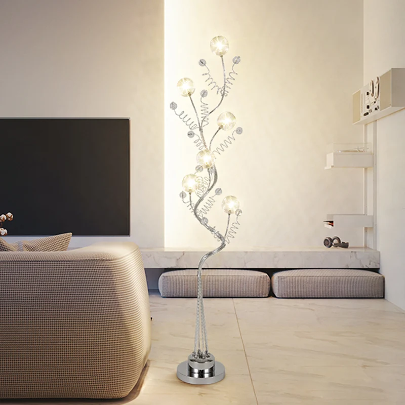 Boomvormige aluminium staande verlichting Decoratieve woonkamer LED-vloerleeslamp met boldetail roze/zilver, warm/wit lich...