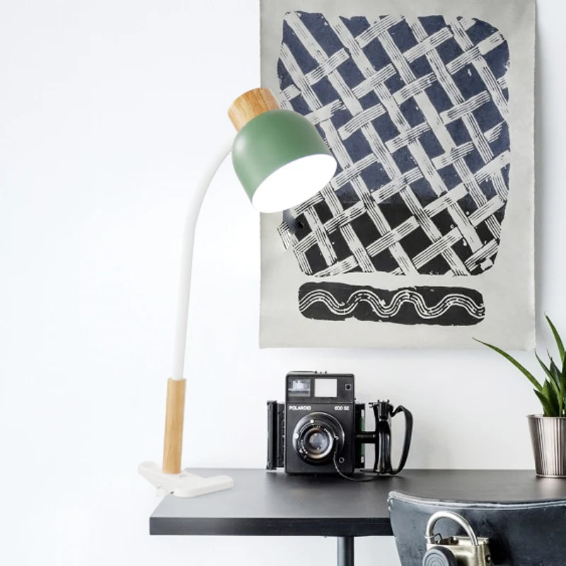Bowl Shade Studio Clamp Bureaulamp IJzer 1-lichts taaklamp Scandinavische stijl groen/wit en hout met flexibele arm Clearhalo