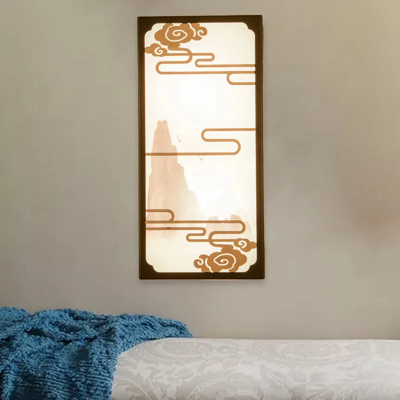 Box met wolkmotief, lichte Aziatische stof, 2-lichts zwarte wandlamp voor slaapkamer Clearhalo