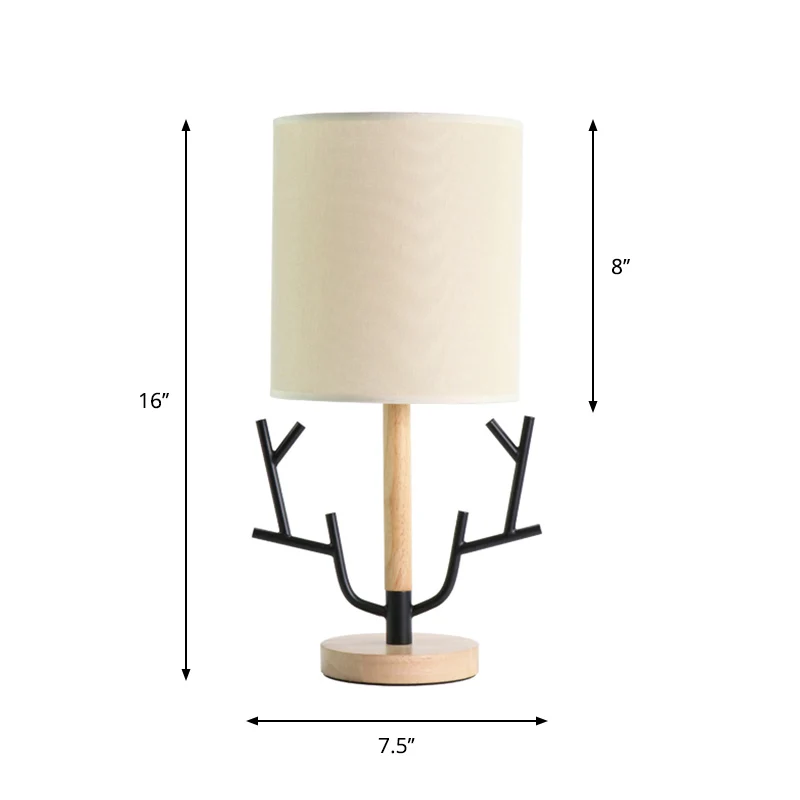 Branch Nachttafellamp Modern Houten 1-lichts zwarte leeslamp met tonvormige stoffen kap voor slaapkamer Clearhalo