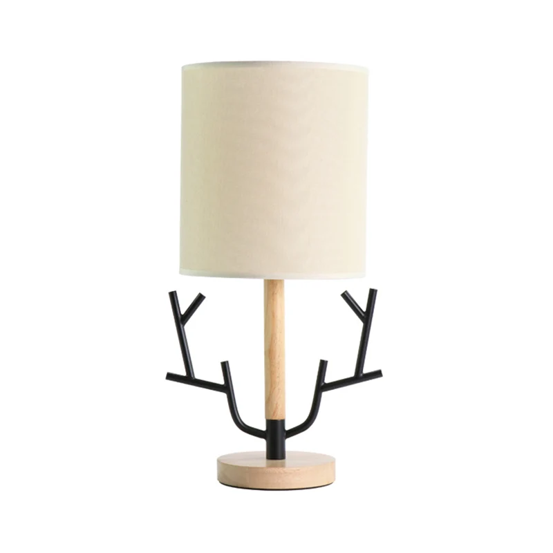 Branch Nachttafellamp Modern Houten 1-lichts zwarte leeslamp met tonvormige stoffen kap voor slaapkamer Clearhalo