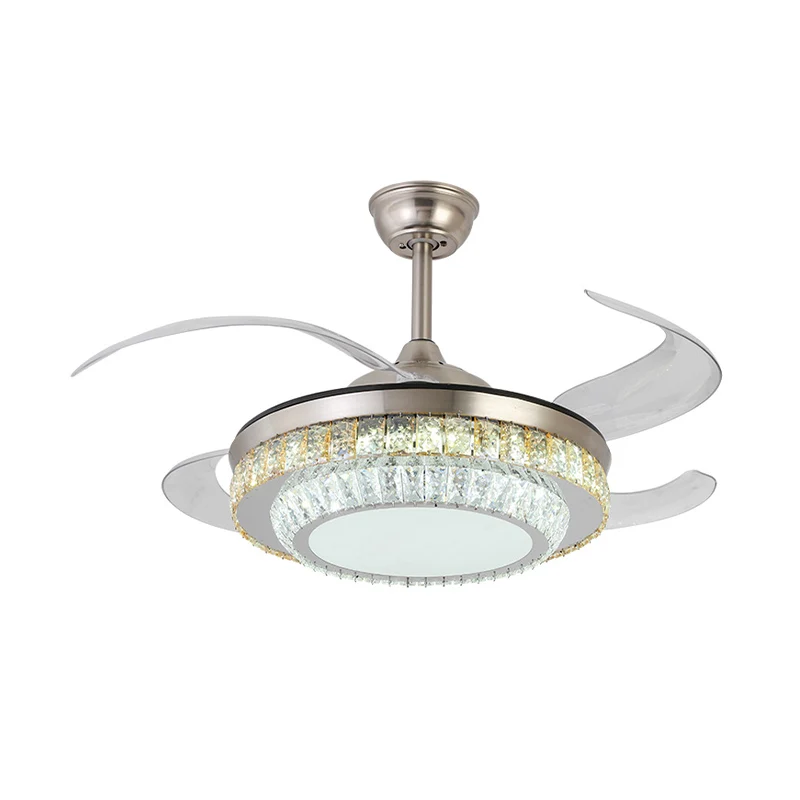 42" brede 2-laags kristallen semi-inbouw moderne zilveren LED-plafondventilatorlamp met 4 bladen en afstandsbediening Clea...