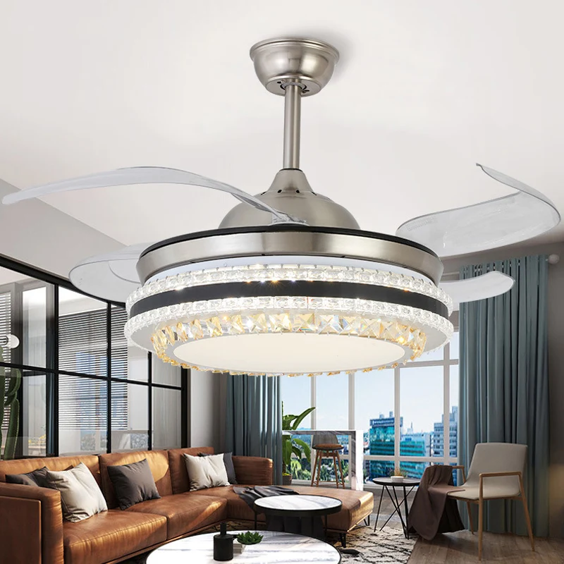42" brede 2-laags kristallen semi-inbouw moderne zilveren LED-plafondventilatorlamp met 4 bladen en afstandsbediening Clea...