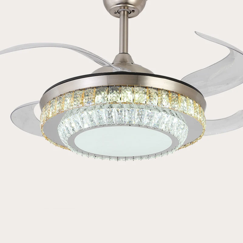 42" brede 2-laags kristallen semi-inbouw moderne zilveren LED-plafondventilatorlamp met 4 bladen en afstandsbediening Clea...