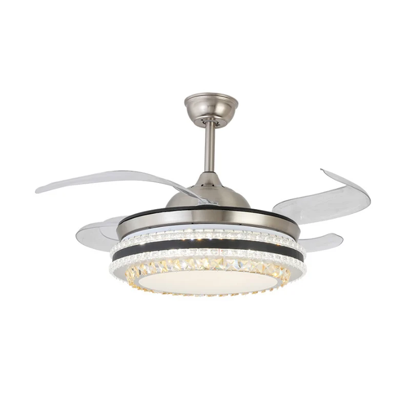 42" brede 2-laags kristallen semi-inbouw moderne zilveren LED-plafondventilatorlamp met 4 bladen en afstandsbediening Clea...