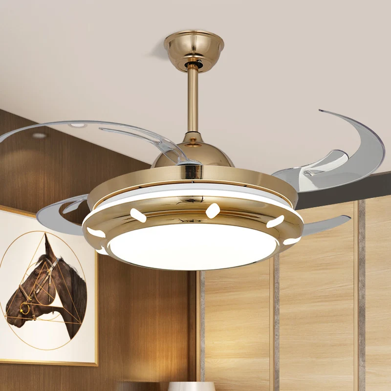 42" brede acryl gouden plafondventilatorlamp, ronde LED moderne semi-inbouwlamp voor woonkamer, 4 heldere bladen Clearhalo