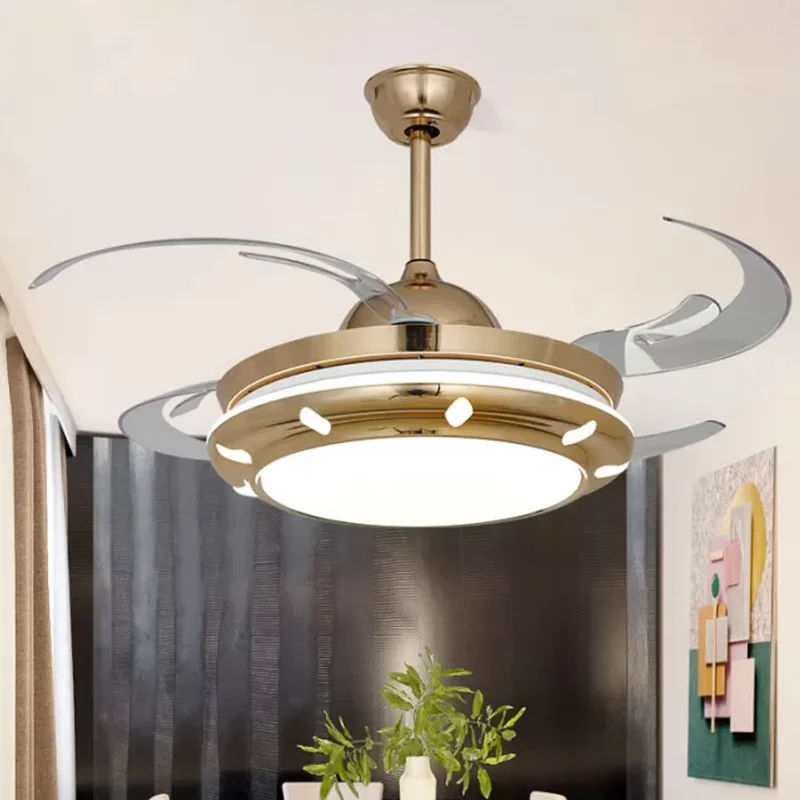 42" brede acryl gouden plafondventilatorlamp, ronde LED moderne semi-inbouwlamp voor woonkamer, 4 heldere bladen Clearhalo