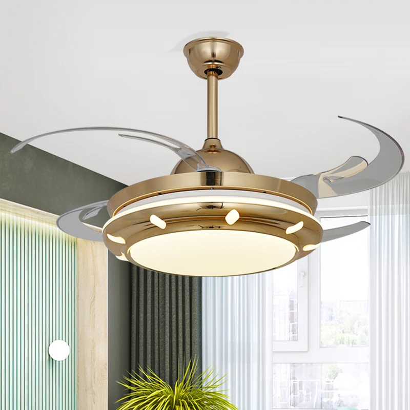 42" brede acryl gouden plafondventilatorlamp, ronde LED moderne semi-inbouwlamp voor woonkamer, 4 heldere bladen Clearhalo