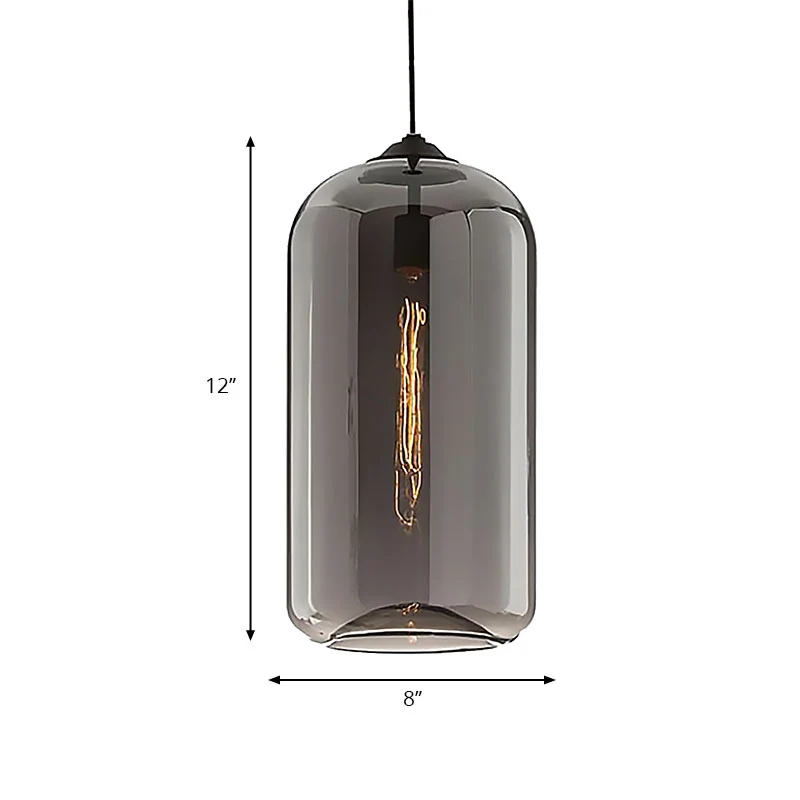 8" brede cilindrische hanglamp van helder/amber/rokerig glas eigentijds 1 licht zwarte hanglamparmatuur Clearhalo