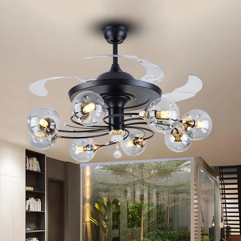 42" brede eenvoud globe hanglamp ventilator helder glas 8-lichts slaapkamer semi-inbouwverlichting met 4 bladen Clearhalo