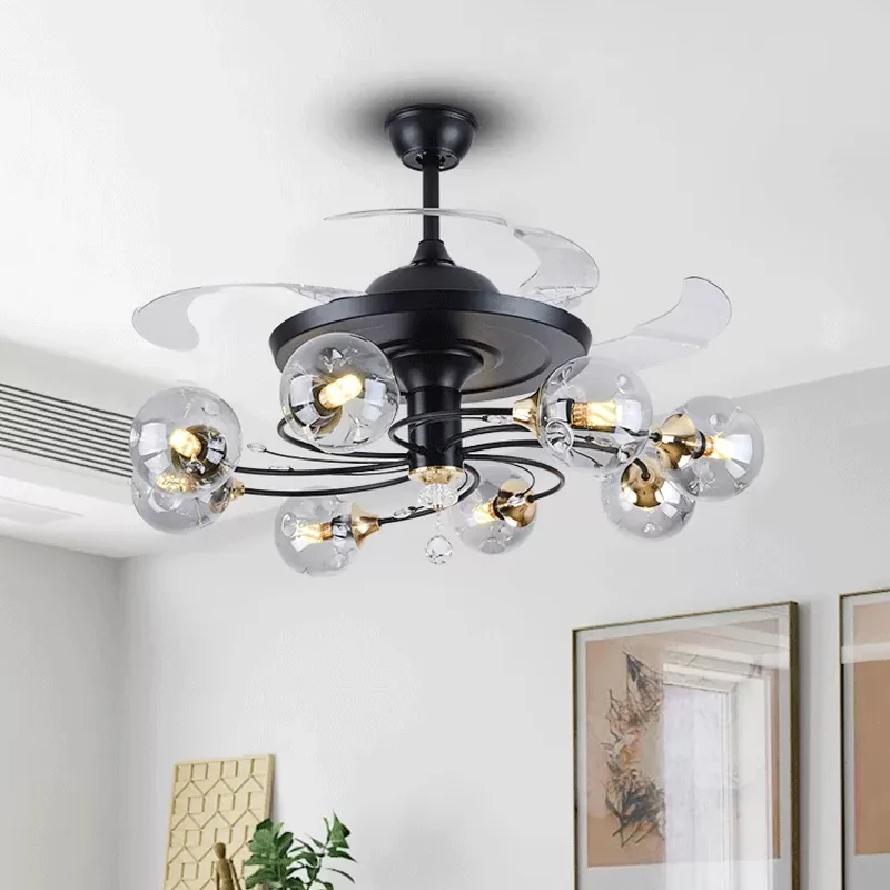 42" brede eenvoud globe hanglamp ventilator helder glas 8-lichts slaapkamer semi-inbouwverlichting met 4 bladen Clearhalo