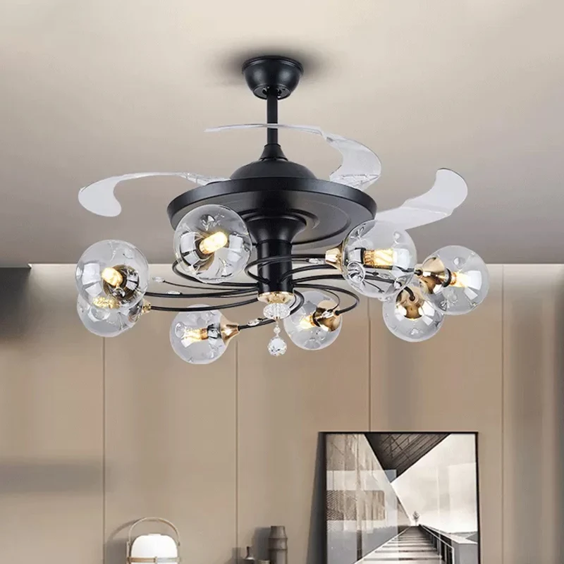 42" brede eenvoud globe hanglamp ventilator helder glas 8-lichts slaapkamer semi-inbouwverlichting met 4 bladen Clearhalo