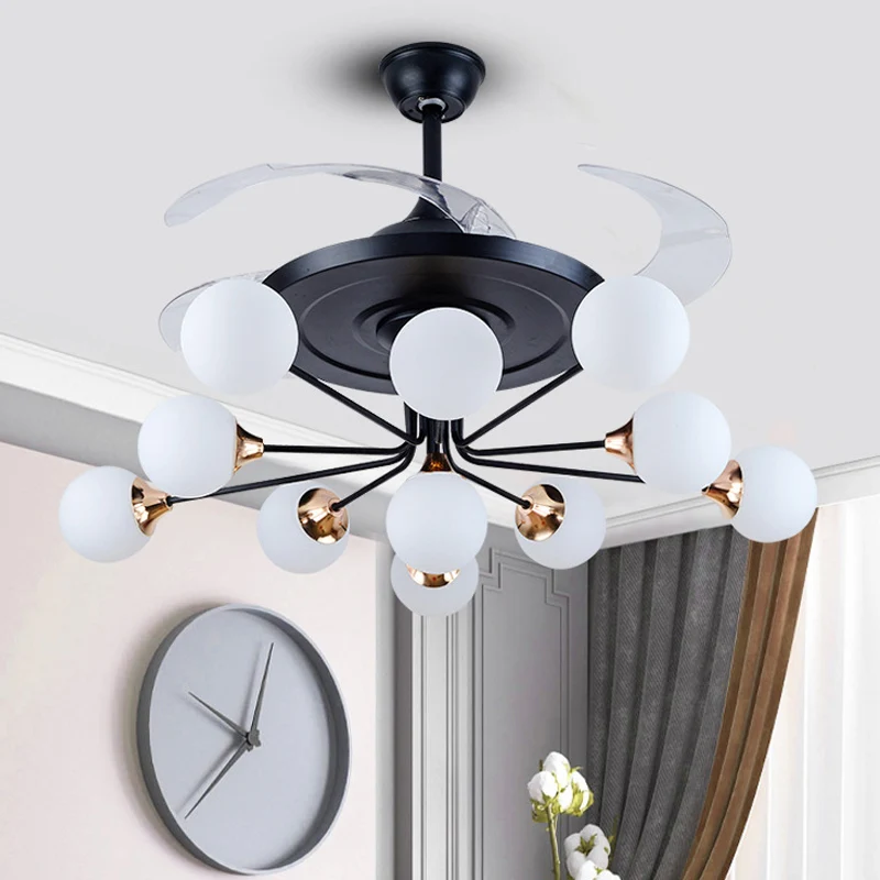 42" brede eenvoudige plafondventilator met 11 lampen, zwarte bol, semi-inbouwlamp met opaalglazen kap met 4 bladen Clearhalo