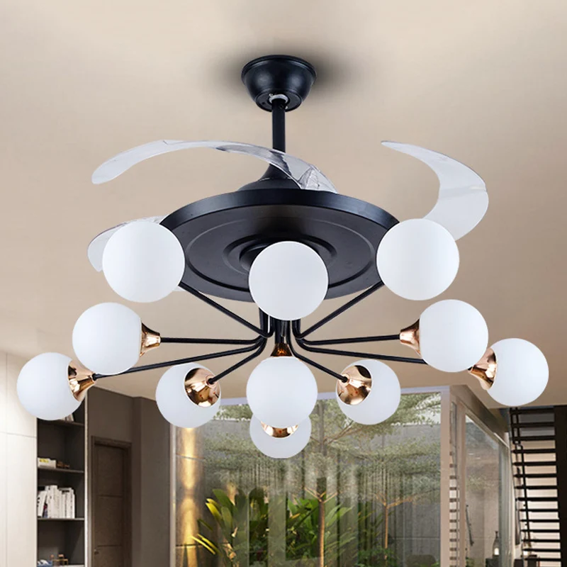 42" brede eenvoudige plafondventilator met 11 lampen, zwarte bol, semi-inbouwlamp met opaalglazen kap met 4 bladen Clearhalo