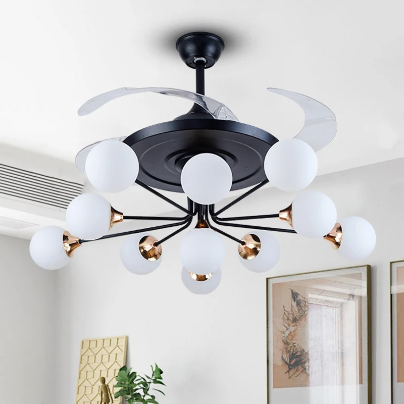 42" brede eenvoudige plafondventilator met 11 lampen, zwarte bol, semi-inbouwlamp met opaalglazen kap met 4 bladen Clearhalo