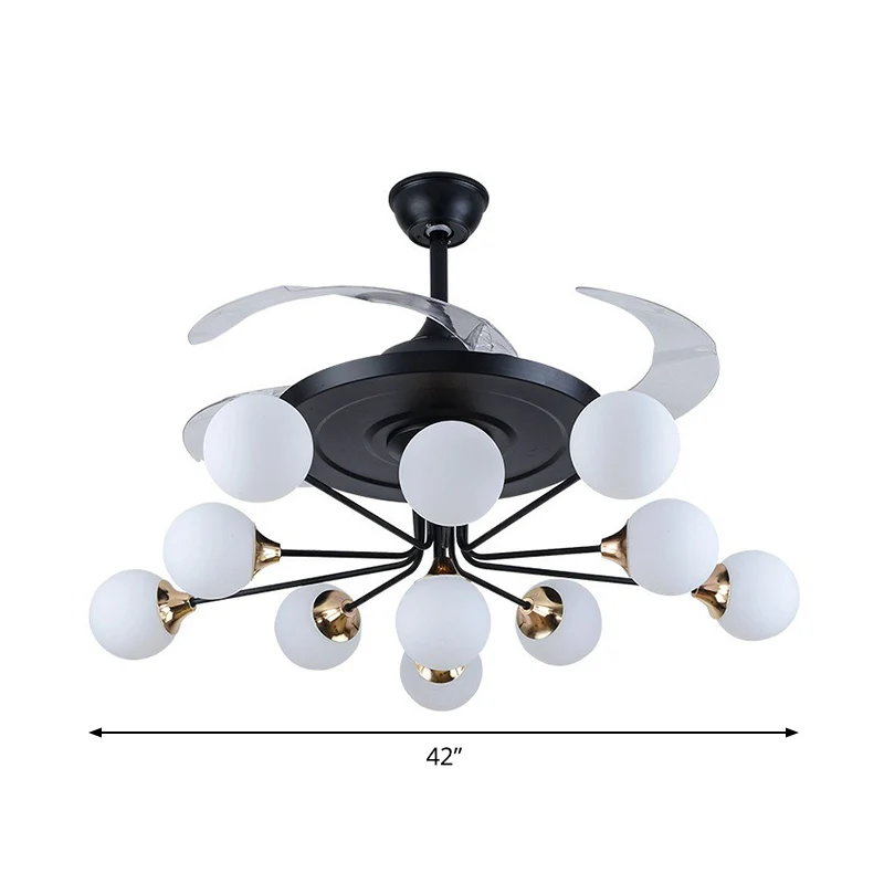 42" brede eenvoudige plafondventilator met 11 lampen, zwarte bol, semi-inbouwlamp met opaalglazen kap met 4 bladen Clearhalo