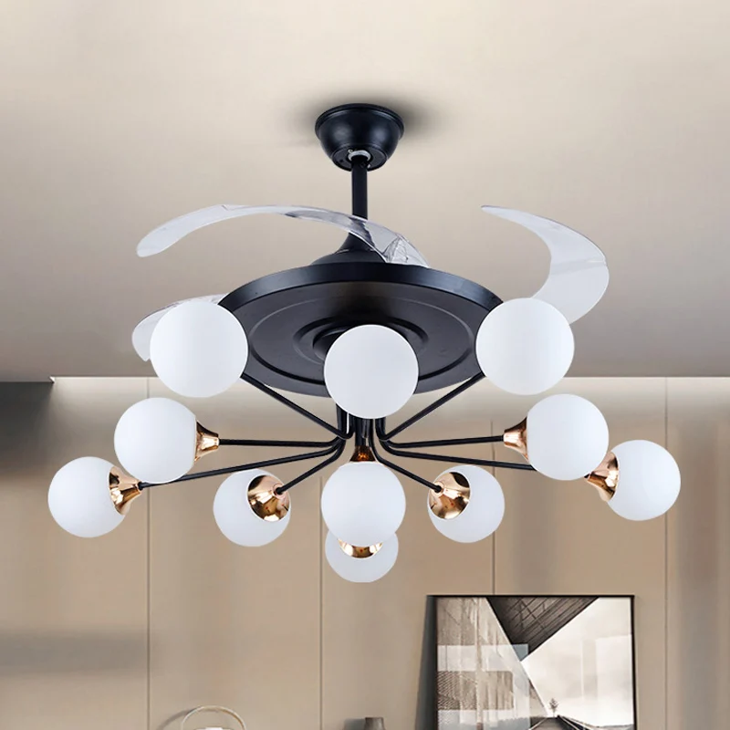 42" brede eenvoudige plafondventilator met 11 lampen, zwarte bol, semi-inbouwlamp met opaalglazen kap met 4 bladen Clearhalo