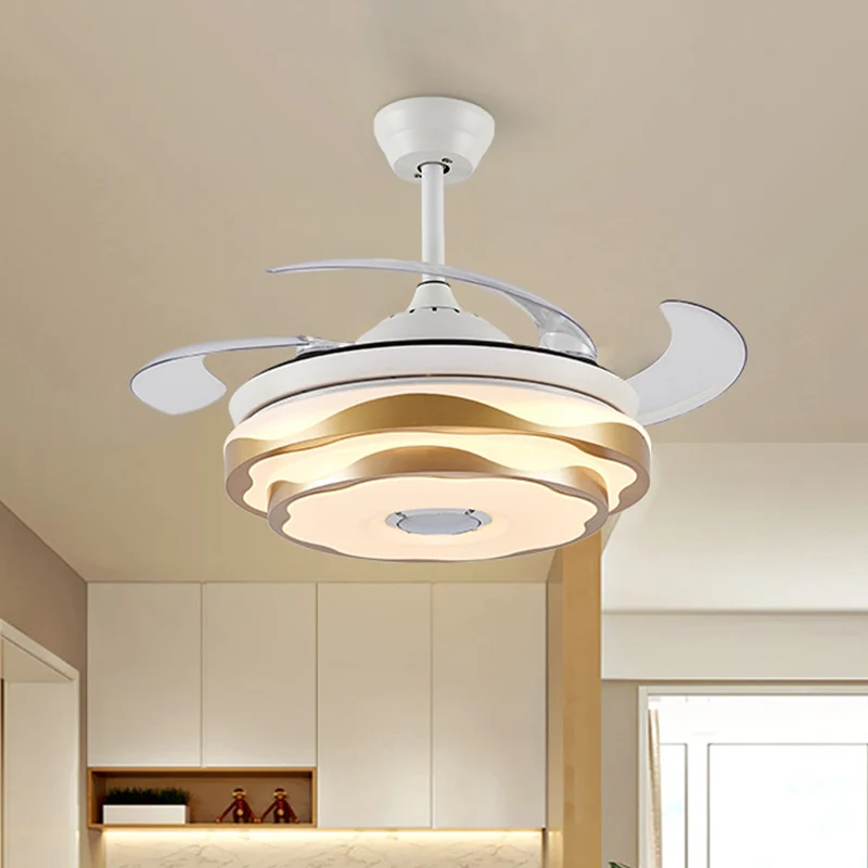 42" brede gouden LED-plafondventilator verlichting modernistisch acryl 2-laags semi-inbouwmontage met 4 heldere bladen, af...