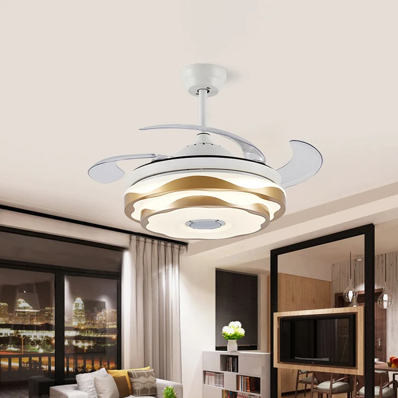 42" brede gouden LED-plafondventilator verlichting modernistisch acryl 2-laags semi-inbouwmontage met 4 heldere bladen, af...