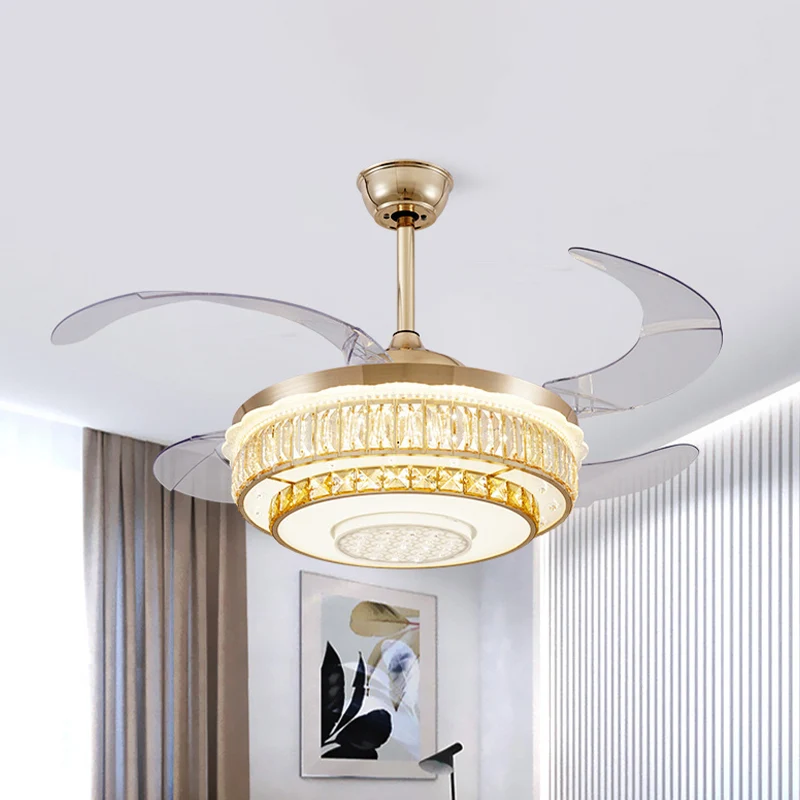 42" brede kristallen 2-laags ronde ventilatorlamp moderne zitkamer LED semi-inbouwlamp goud met 4 heldere bladen Clearhalo