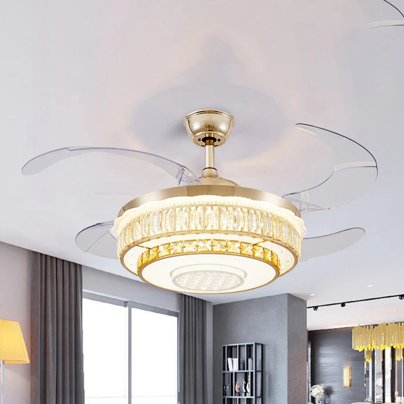 42" brede kristallen 2-laags ronde ventilatorlamp moderne zitkamer LED semi-inbouwlamp goud met 4 heldere bladen Clearhalo