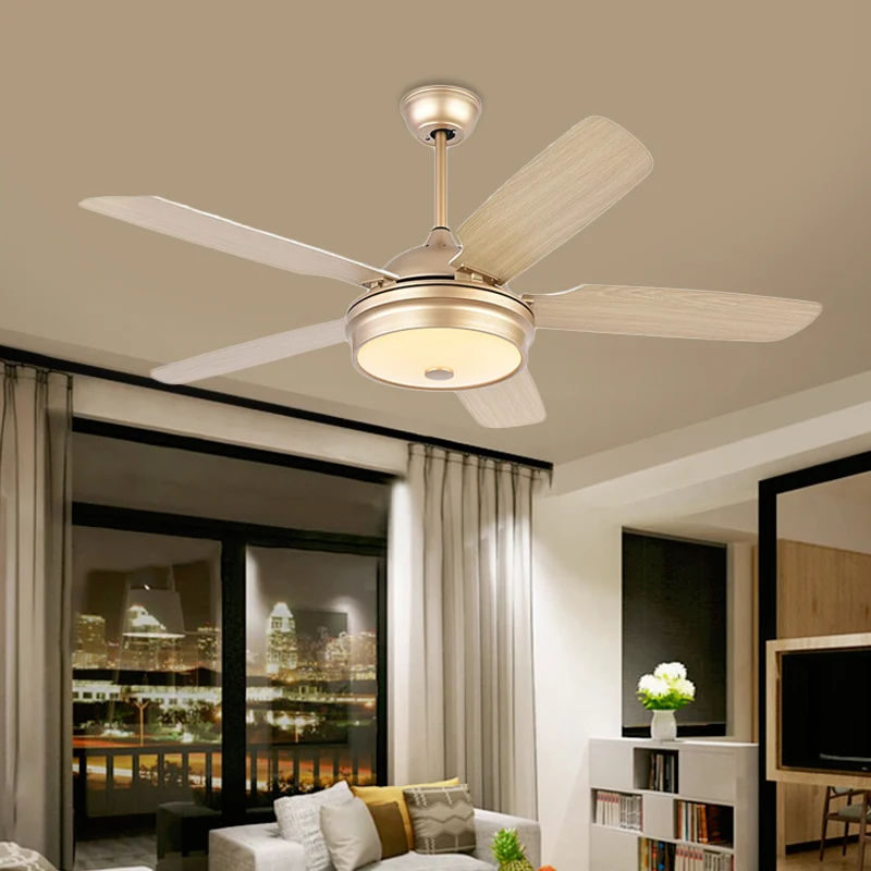 52" brede LED metalen hangende ventilator licht modernistische gouden trommel woonkamer 5 bladen semi-inbouw met acryl kap...