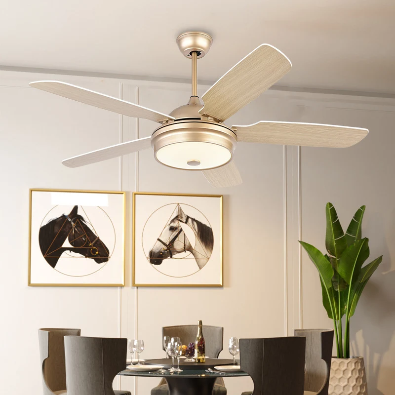 52" brede LED metalen hangende ventilator licht modernistische gouden trommel woonkamer 5 bladen semi-inbouw met acryl kap...