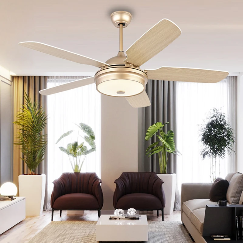 52" brede LED metalen hangende ventilator licht modernistische gouden trommel woonkamer 5 bladen semi-inbouw met acryl kap...