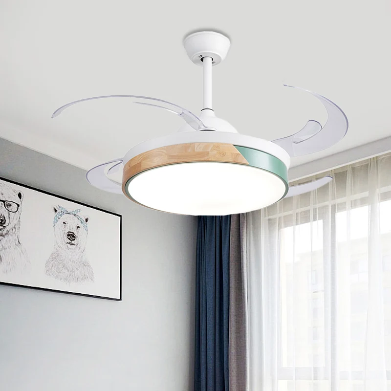 48" brede LED metalen semi-inbouwlamp moderne witte trommel woonkamer 4 bladen hangende plafondventilatorlamp Clearhalo