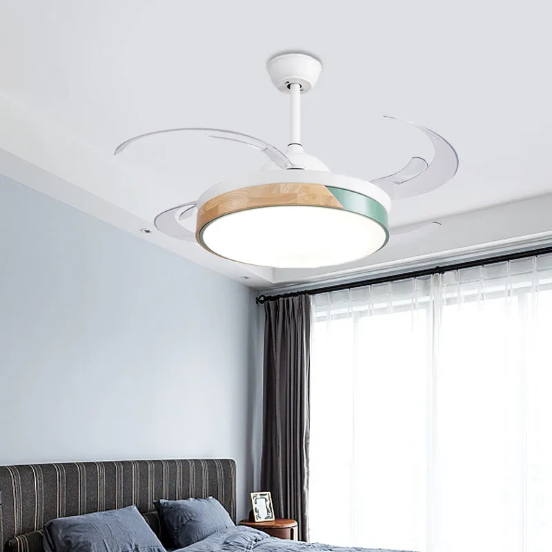 48" brede LED metalen semi-inbouwlamp moderne witte trommel woonkamer 4 bladen hangende plafondventilatorlamp Clearhalo