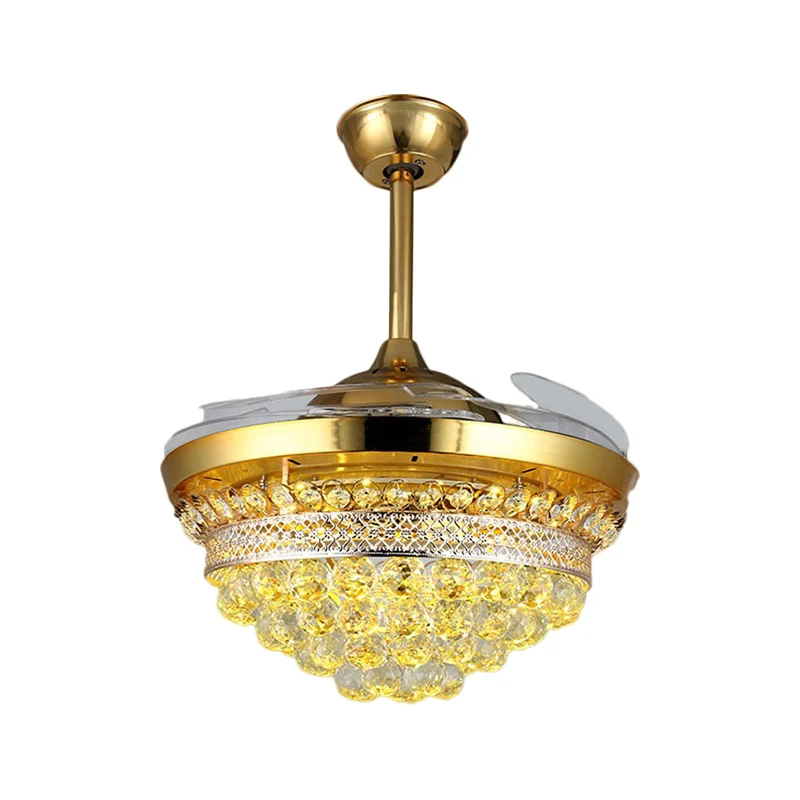 42" brede LED semi-inbouw moderne taps toelopende heldere kristallen bollen 3 bladen hangend ventilatorlicht goud Clearhalo