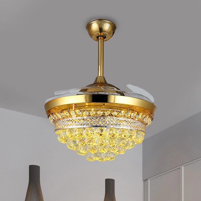 42" brede LED semi-inbouw moderne taps toelopende heldere kristallen bollen 3 bladen hangend ventilatorlicht goud Clearhalo