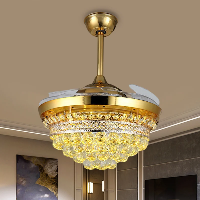 42" brede LED semi-inbouw moderne taps toelopende heldere kristallen bollen 3 bladen hangend ventilatorlicht goud Clearhalo