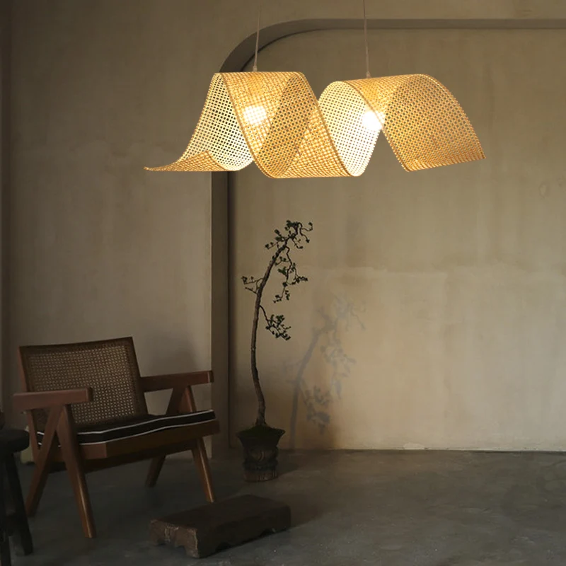 90 cm brede Twist Suspension hanglamp Aziatische stijl Bamboe 2-lichts vlas hanglamp Clearhalo
