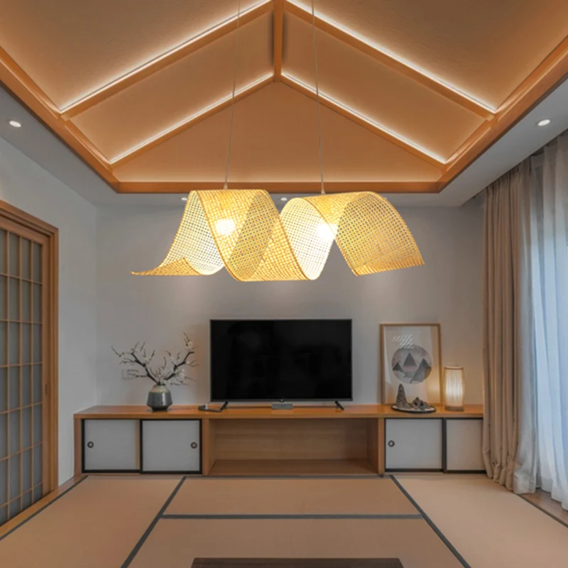 90 cm brede Twist Suspension hanglamp Aziatische stijl Bamboe 2-lichts vlas hanglamp Clearhalo