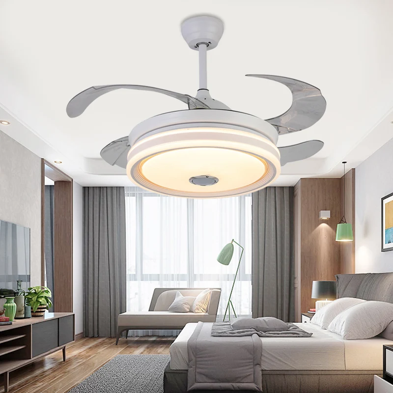 42" brede witte ronde hangende ventilatorlamp moderne LED-slaapkamer semi-inbouwverlichting met 8 bladen, afstandsbedienin...