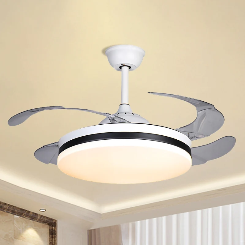 42" brede witte trommelvorm semi-inbouw Scandinavische stijl acryl 4-bladige LED-hangende ventilatorlamp Clearhalo
