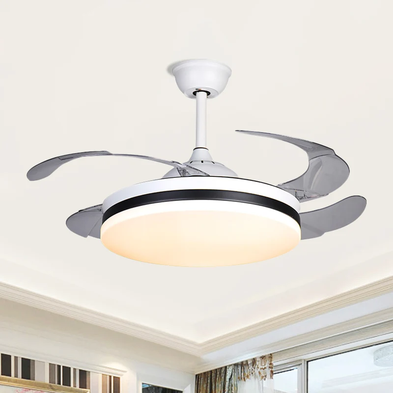 42" brede witte trommelvorm semi-inbouw Scandinavische stijl acryl 4-bladige LED-hangende ventilatorlamp Clearhalo
